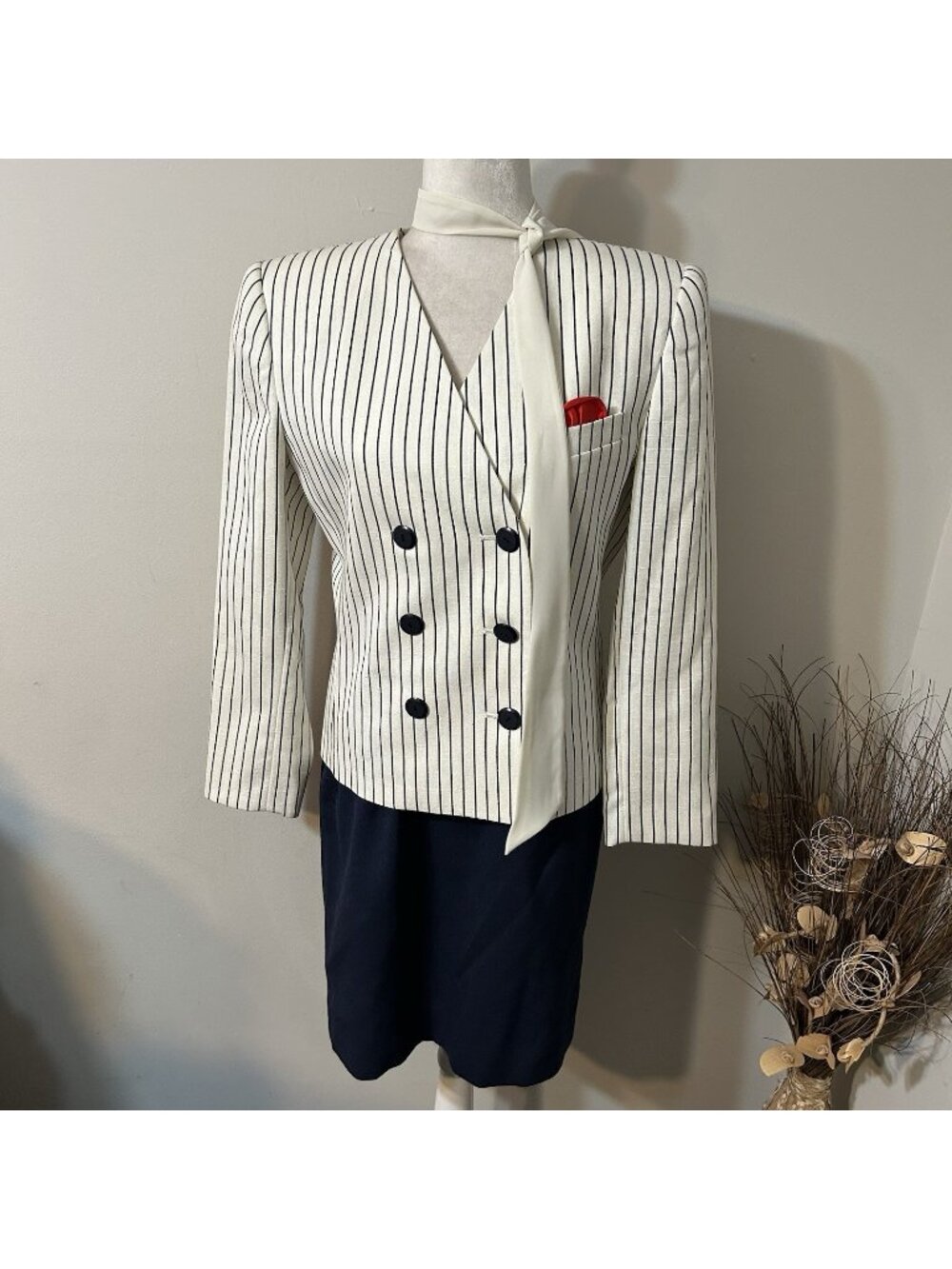 Kasper For ASL 2pc Skirt Suit Cream Blue Striped Double Breasted Blazer Tie Sz 8